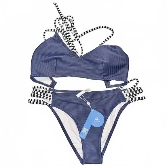 Cupshe Women's Navy ribbed and strappy Bikini Swimwear Set NWT size Large - Picture 4 of 7